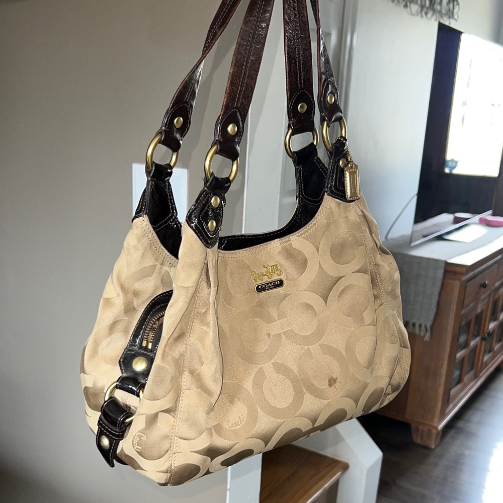 Coach Beige Signature Canvas Hobo with Dark Brown Leather Trim